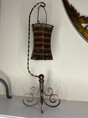 Mystical Beaded hanging tea light with Metal stand - Brown & gold 17” tall